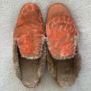 Terracotta Embroidered Velvet & Faux Fur Lined Mules